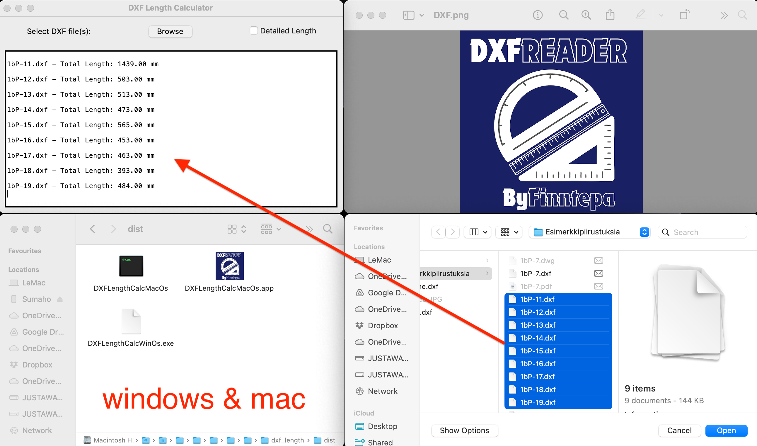 DXF length calculator screenshot